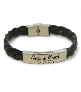 Pulsera CUERO TRENZADO NEGRO - NOMBRES Y FECHA